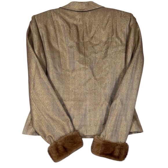Kay Unger Gold Blazer Size 6 Mink Cuff Trim | Vintage Wool Herringbone Jacket - Picture 3 of 5